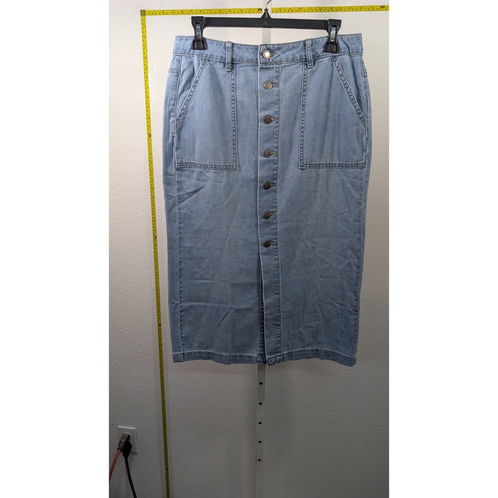 Wrangler Womens Denim Midi Skirt Light Blue Button Front High Waist Size 4 NWT